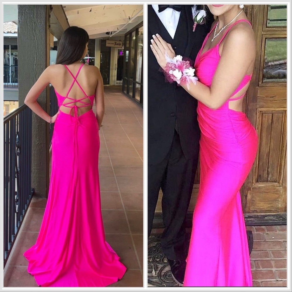 NWT La Femme 30172 Neon Pink Prom Jersey Gown sz 10